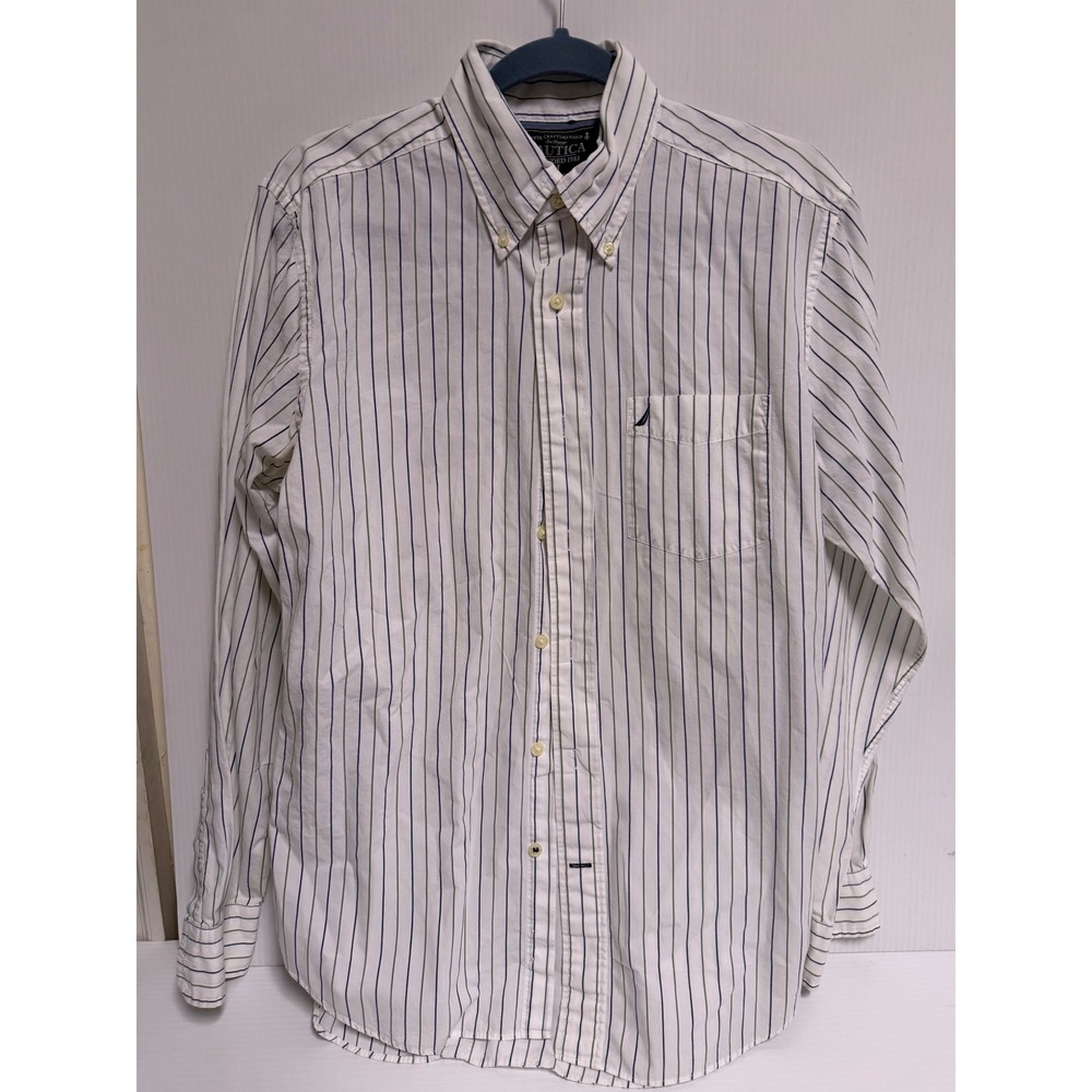 Nautica Mens Striped Button Down Shirt White Blue Green Long Sleeve Medium
